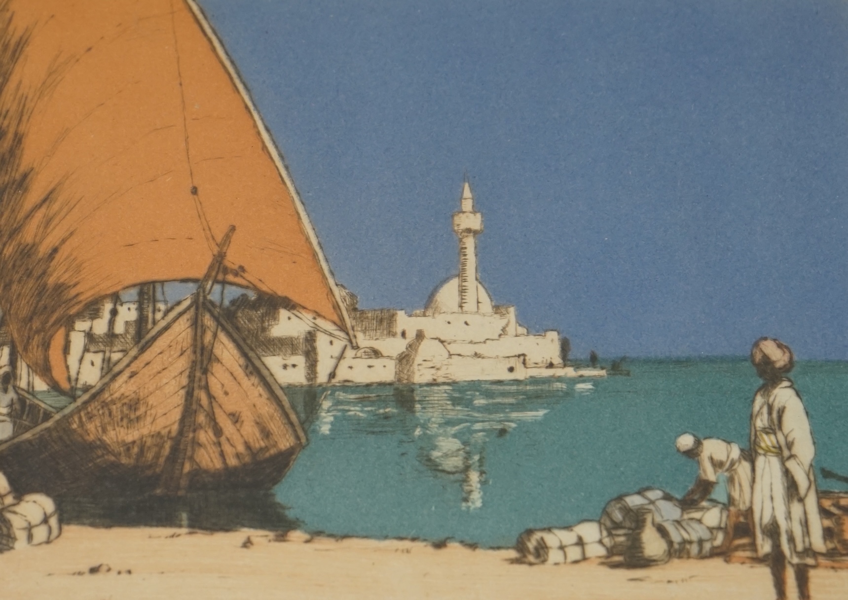 Edgar L Pattison (1872-1950), Orientalist colour etching, ‘An Eastern port’, signed in pencil, 16.5 x 20cm. Condition - fair